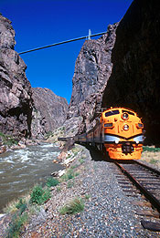 Colorado Attraction: Royal Gorge Railroad under Royal Gorge Suspension Bridge, Canon City, Colorado